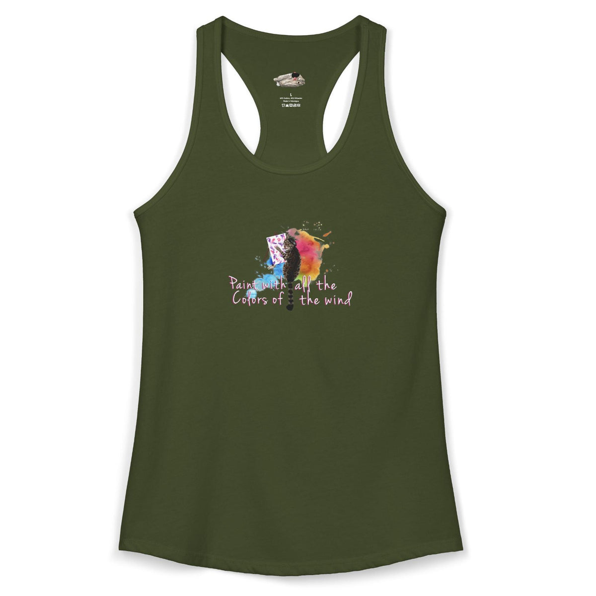 Women's Racerback Tank - "Paint With All the Colors of the Wind" Flounder the Purrcasso Art, shown in Solid Military Green