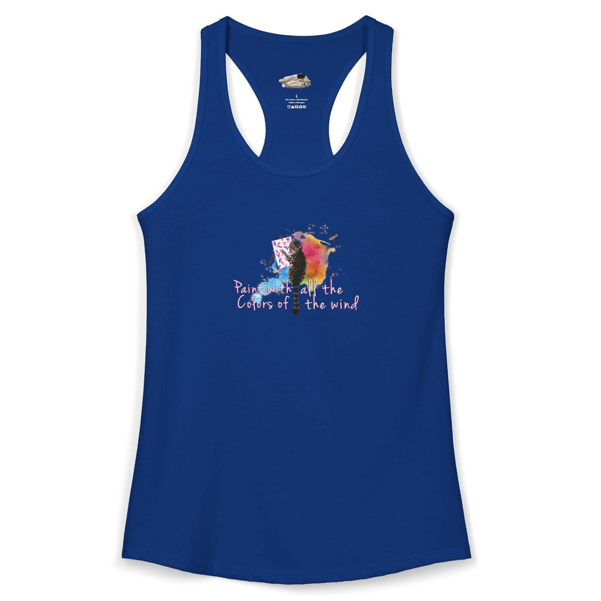 Women's Racerback Tank - "Paint With All the Colors of the Wind" Flounder the Purrcasso Art, shown in Solid Royal