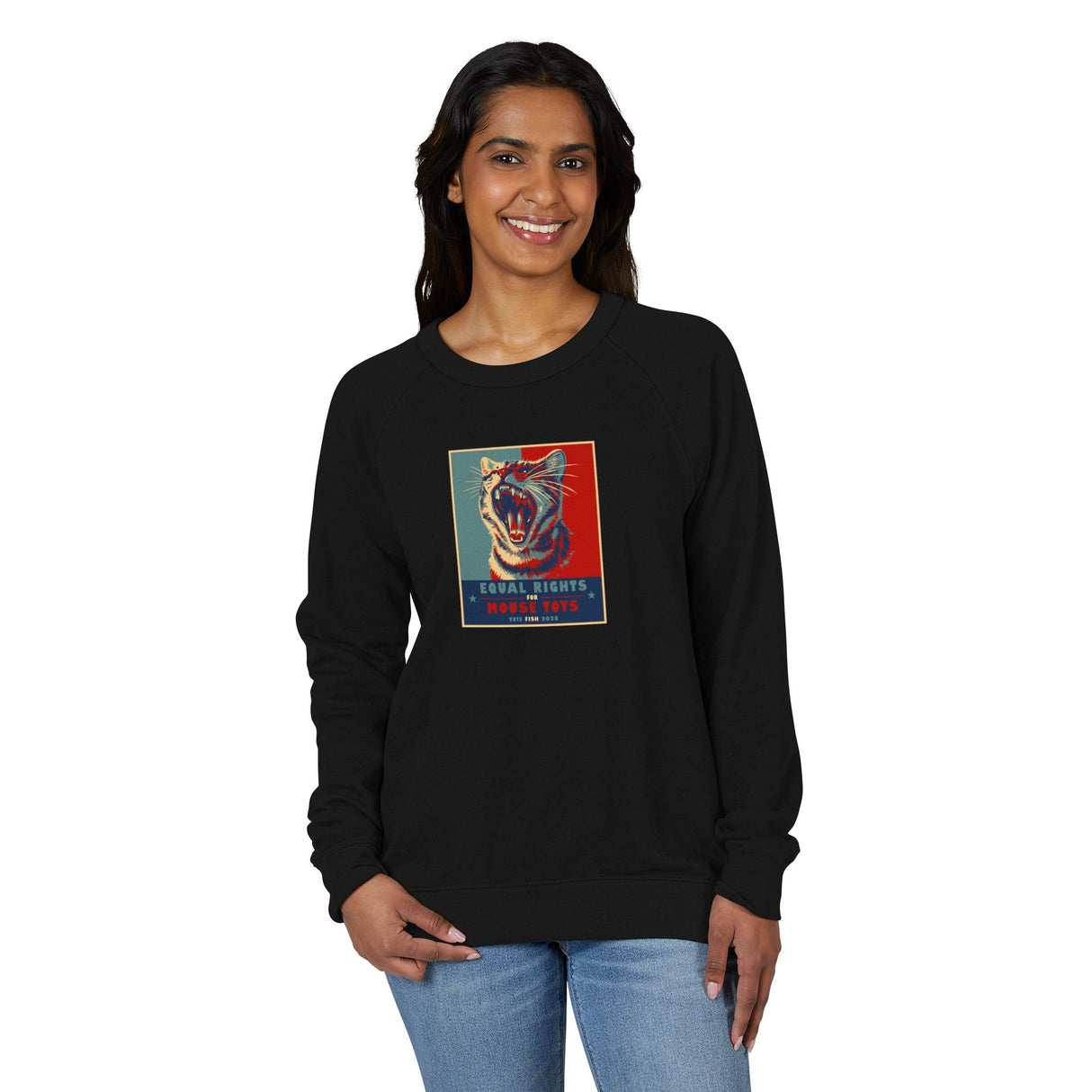 Vote Fish 2028 Raglan Crewneck — Funny 'Equal Rights for Mouse Toys' Flounder Design