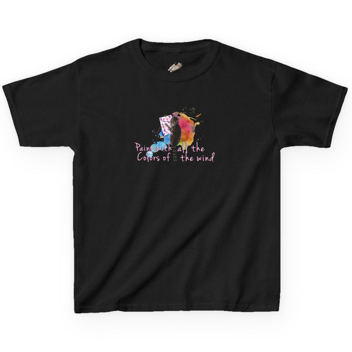 Kids Tee - “Paint With All The Colors Of The Wind” Flounder the Purrcasso Kids T-Shirt, shown in Black