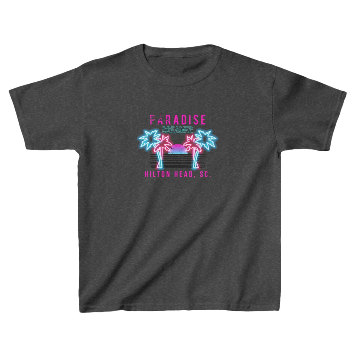 Paradise Dreamer Hilton Head retro palm trees kids tee in dark heather