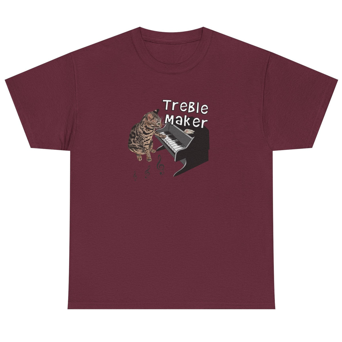 T-Shirt Treble Maker featuring Flounder the Purrmaid Playing Piano Design, shown in Maroon