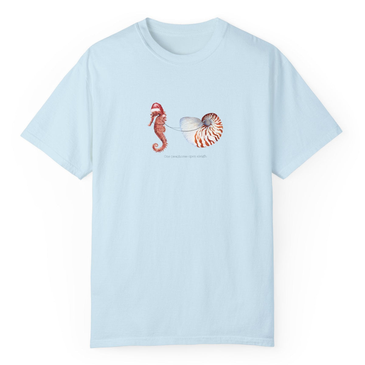 One Sea Horse Open Sleigh Christmas Comfort Colors t-shirt in chambray