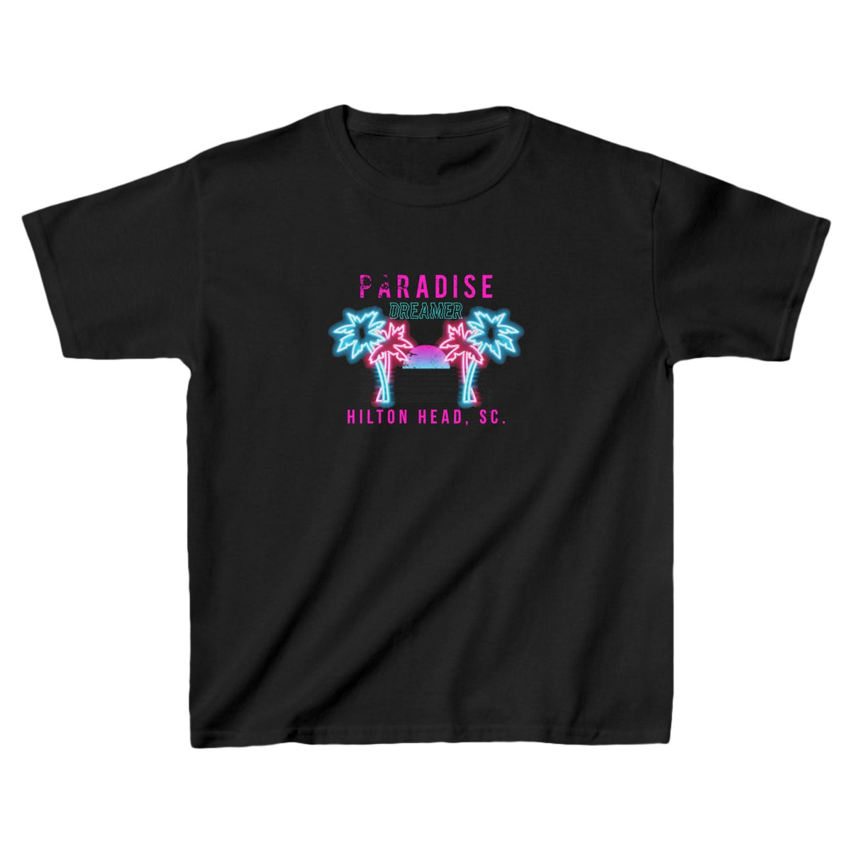 Paradise Dreamer Hilton Head retro palm trees kids tee in black