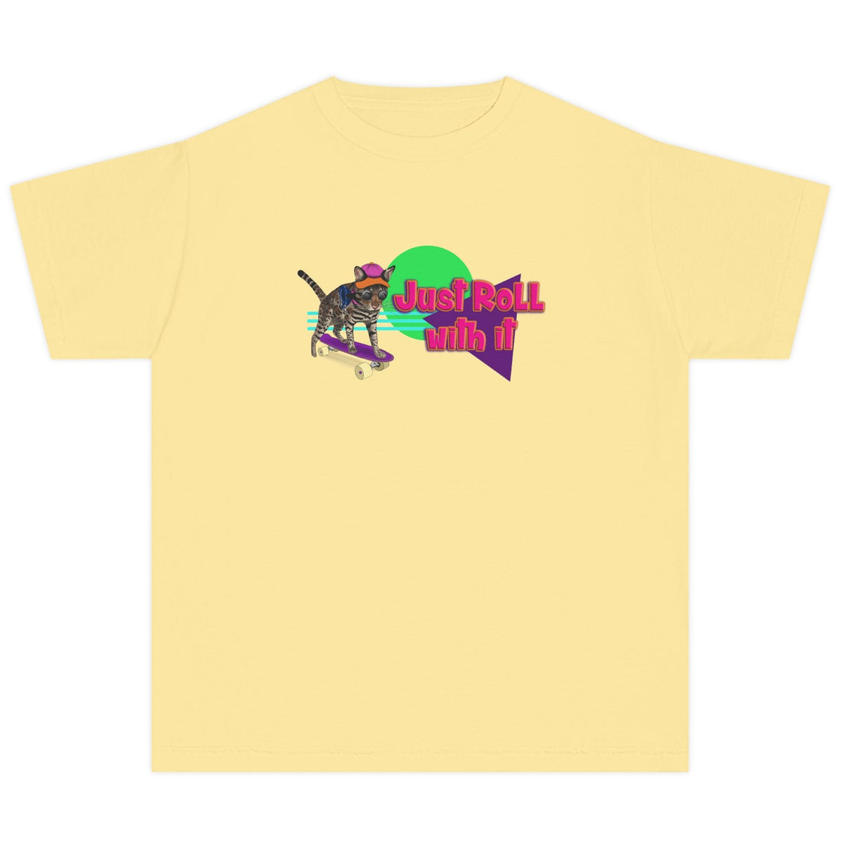 Youth Tee - Just Roll with it Flounder the Purrmaid Skateboard Design by Nina, shown in Butter