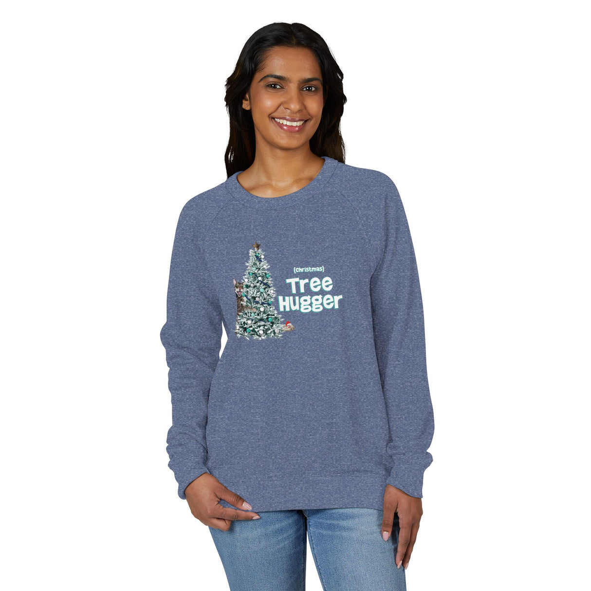 Raglan Crewneck Sweatshirt Christmas Tree Hugger Flounder the Purrmaid Design