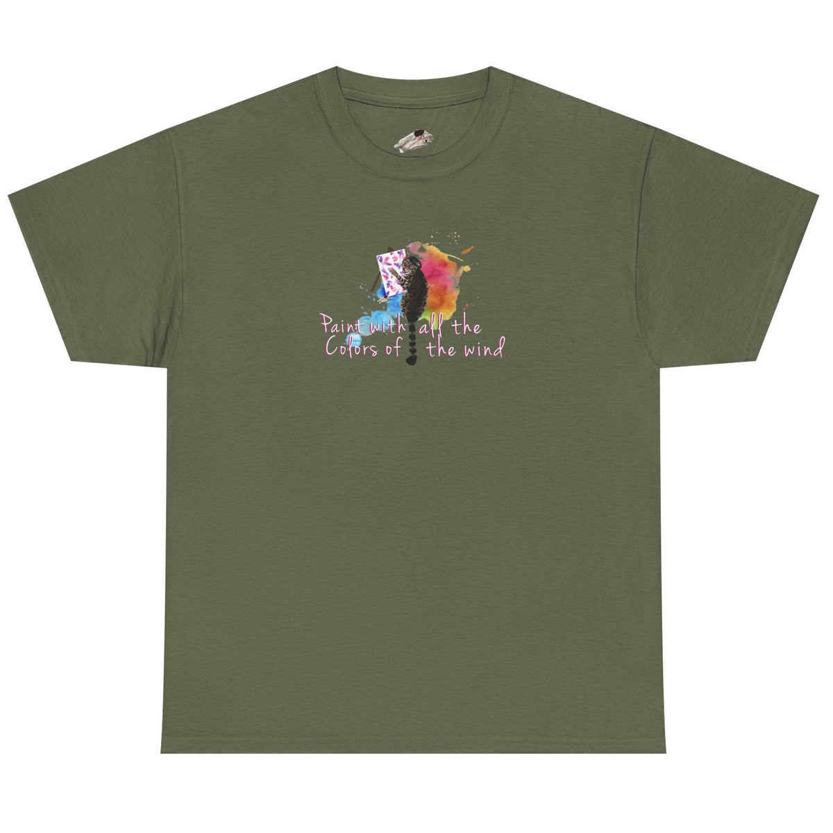 Flounder the Purrcasso T-Shirt - "Paint With All the Colors of the Wind" Cat Art Tee, shown in Military Green