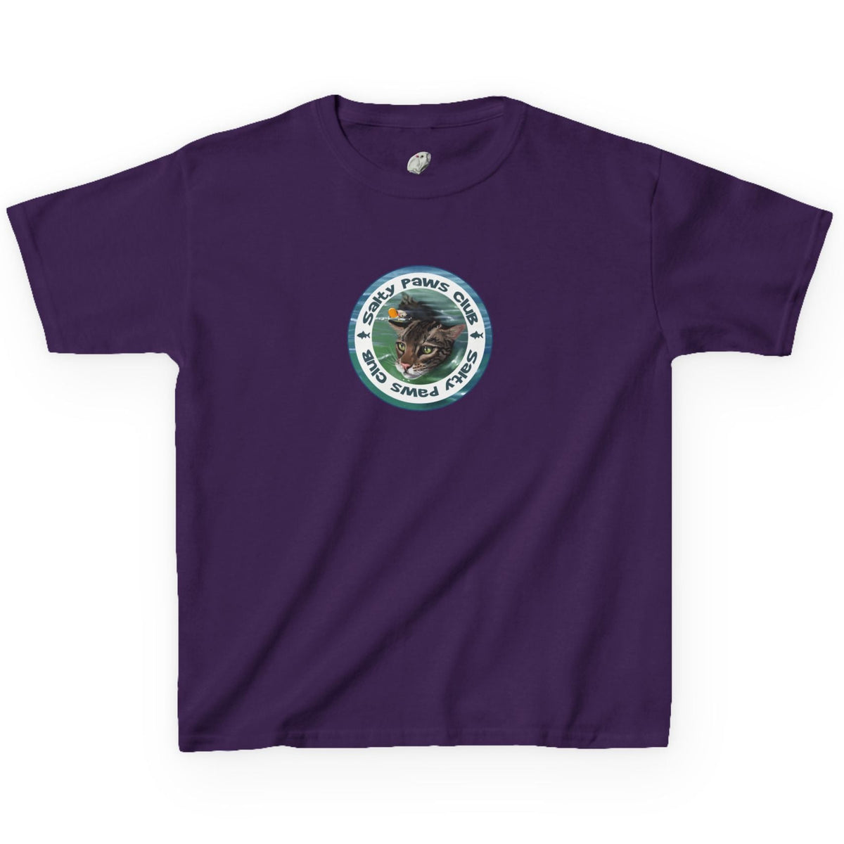 Kids Tee - "Salty Paws Club" Purrmaid Flounder & Life‑Vest Mouse Toy, shown in Purple