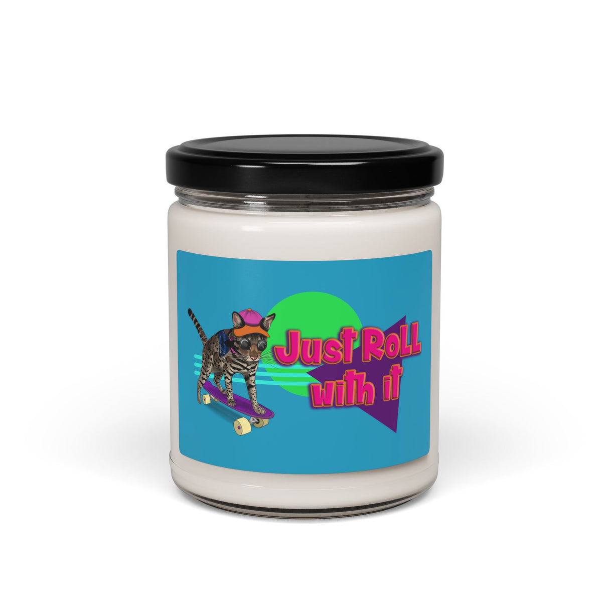 Soy Candle - Just Roll With It design featuring Flounder the Purrmaid on a Skateboard
