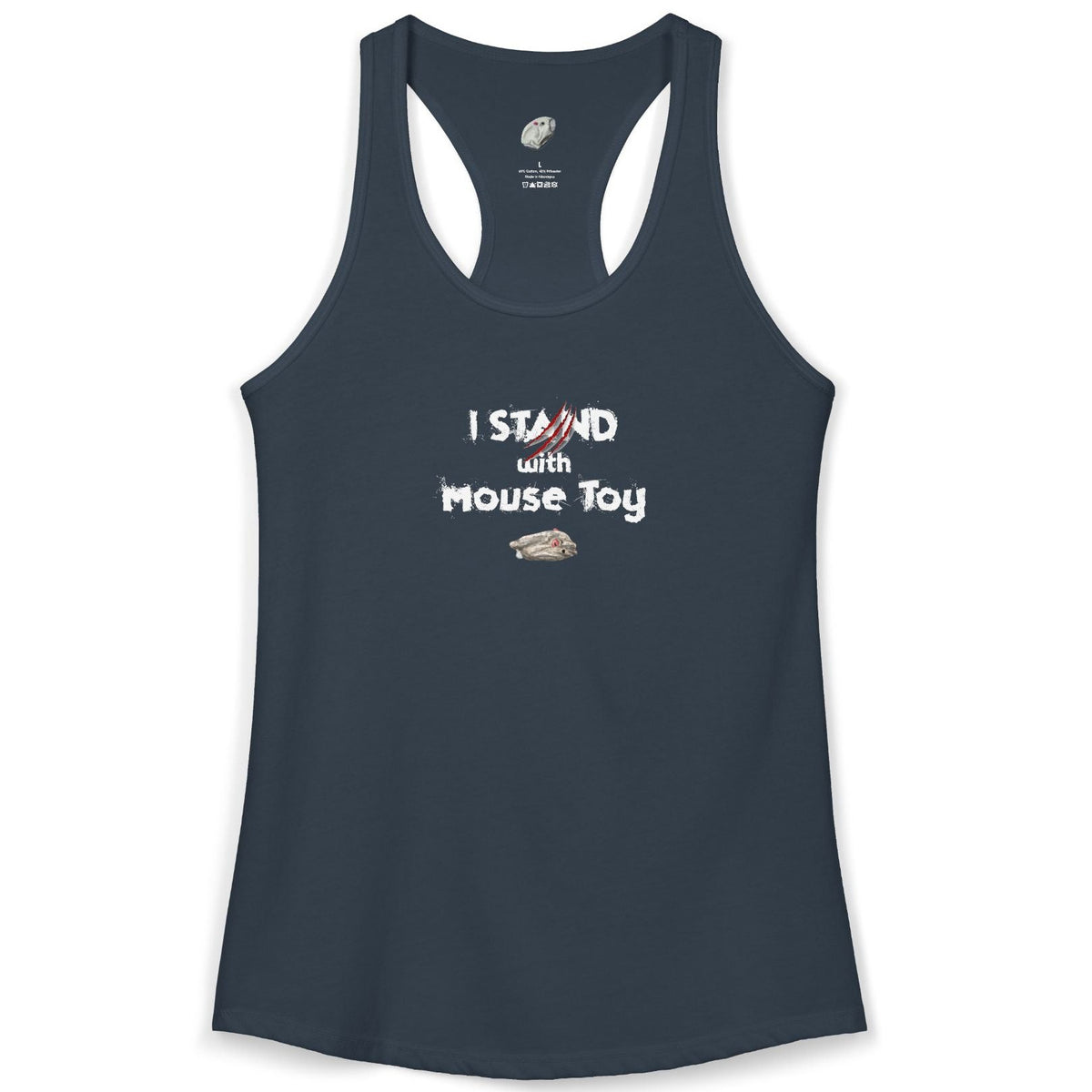 "I Stand with Mouse Toy" Women's Racerback Tank, shown in Solid Indigo