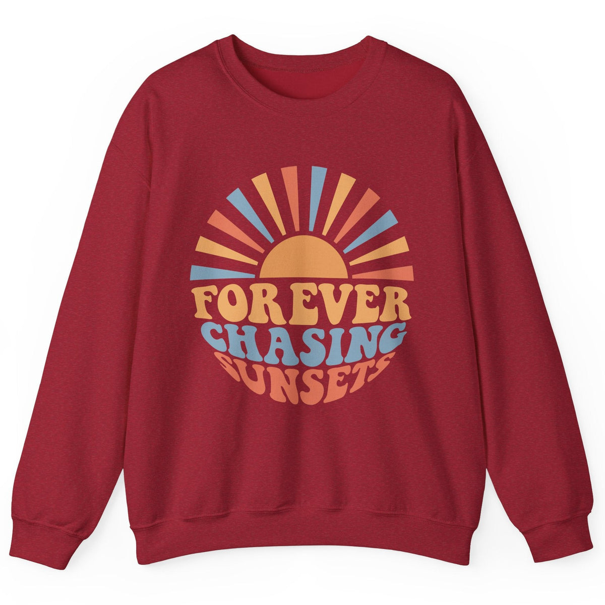 Forever Chasing Sunsets crewneck sweatshirt in antique cherry red