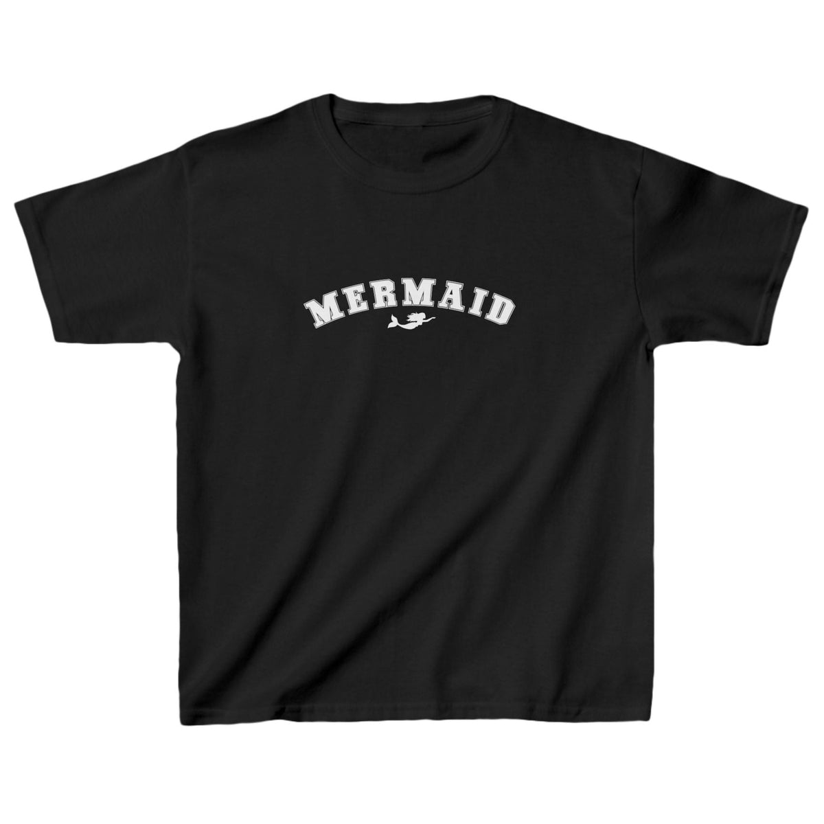 Mermaid collegiate lettering kids tee in black