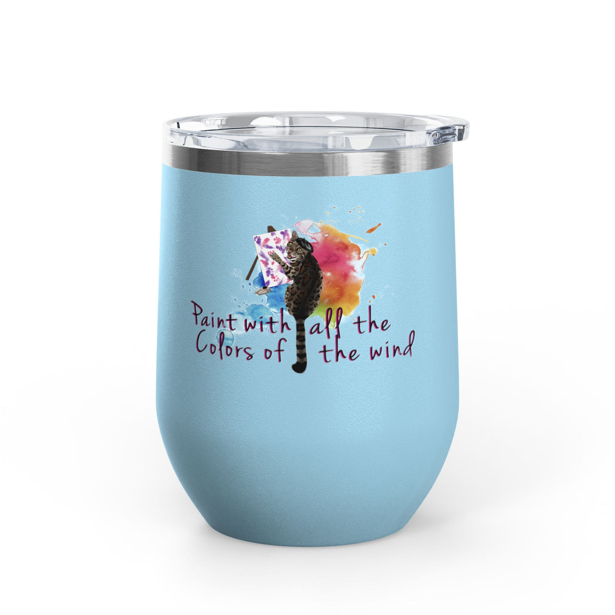 Wine Tumbler — "Paint With All The Colors Of The Wind" Flounder the Purrcasso Artwork