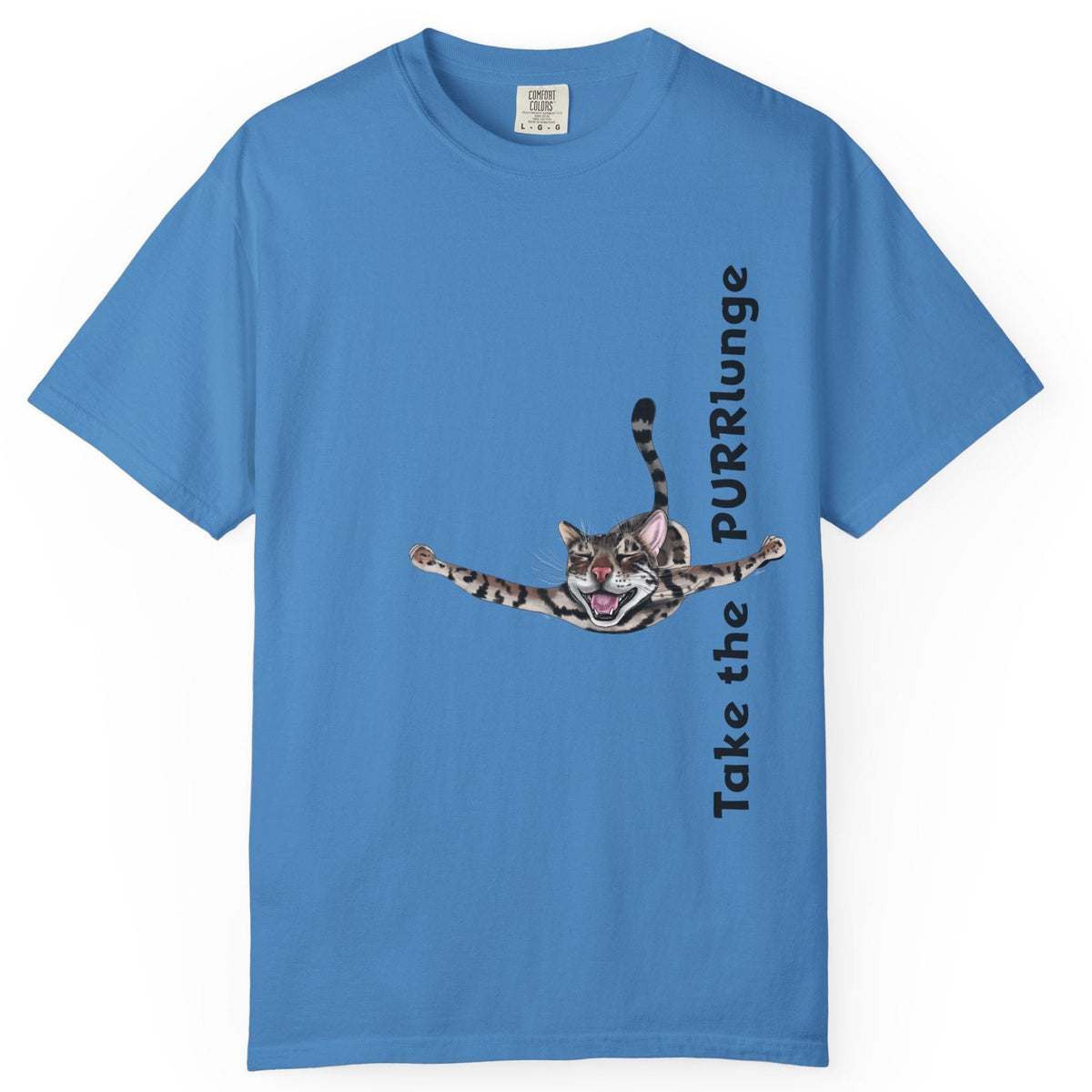 Purr-lunge Unisex T-shirt with Flounder the Purrmaid Design, shown in Royal Caribe