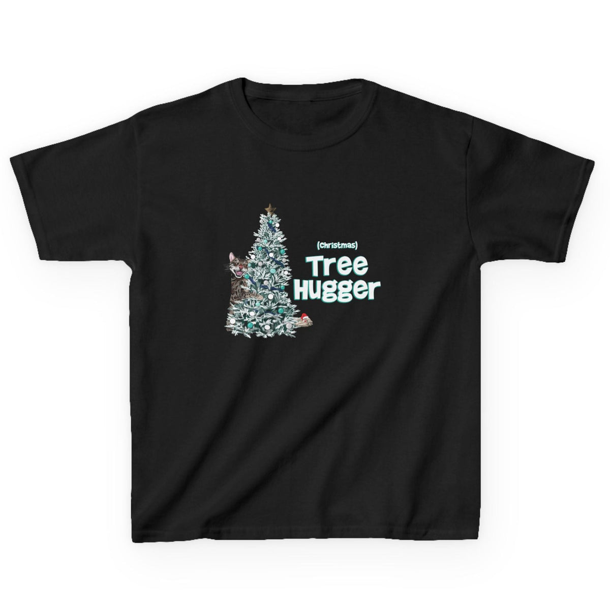 Kids Tee Christmas Tree Hugger Flounder the Purrmaid Design, shown in Black