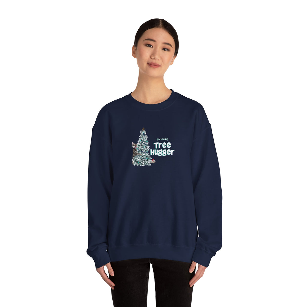 Crewneck Sweatshirt Christmas Tree Hugger Flounder the Purrmaid Design