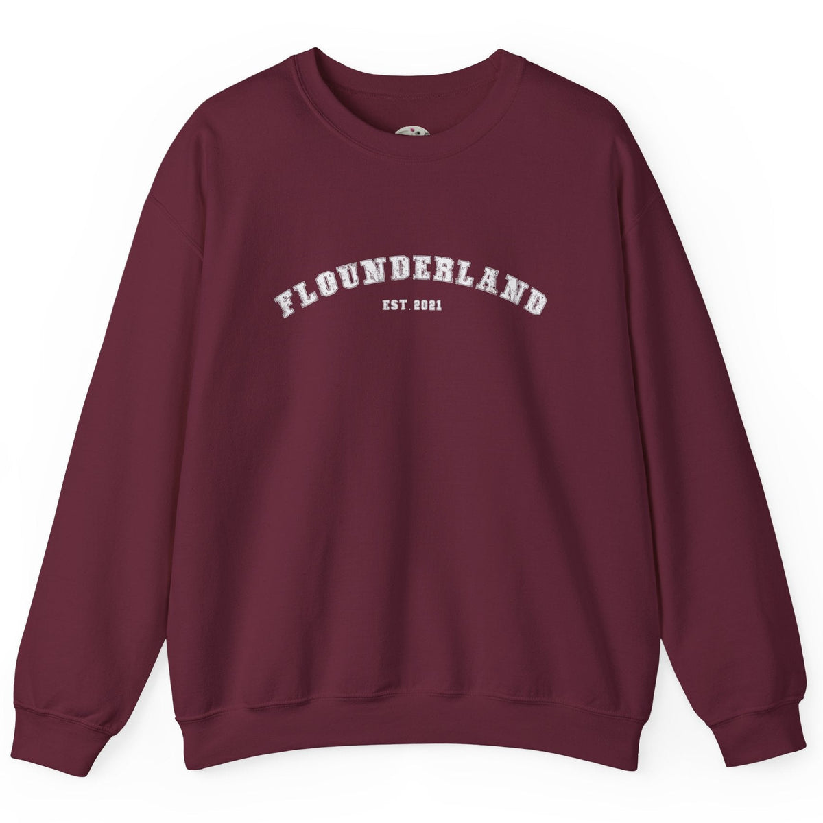 FlounderLand Collegiate Crewneck Sweatshirt - "EST. 2021", shown in Maroon
