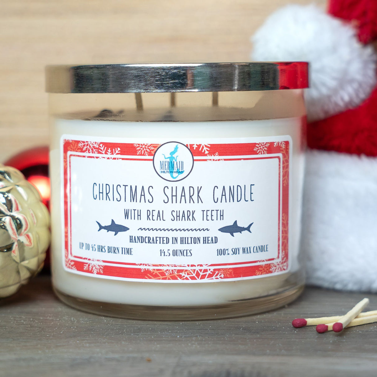 Christmas Shark Candle with Real Fossilized Teeth – Holiday Curiosity Jar