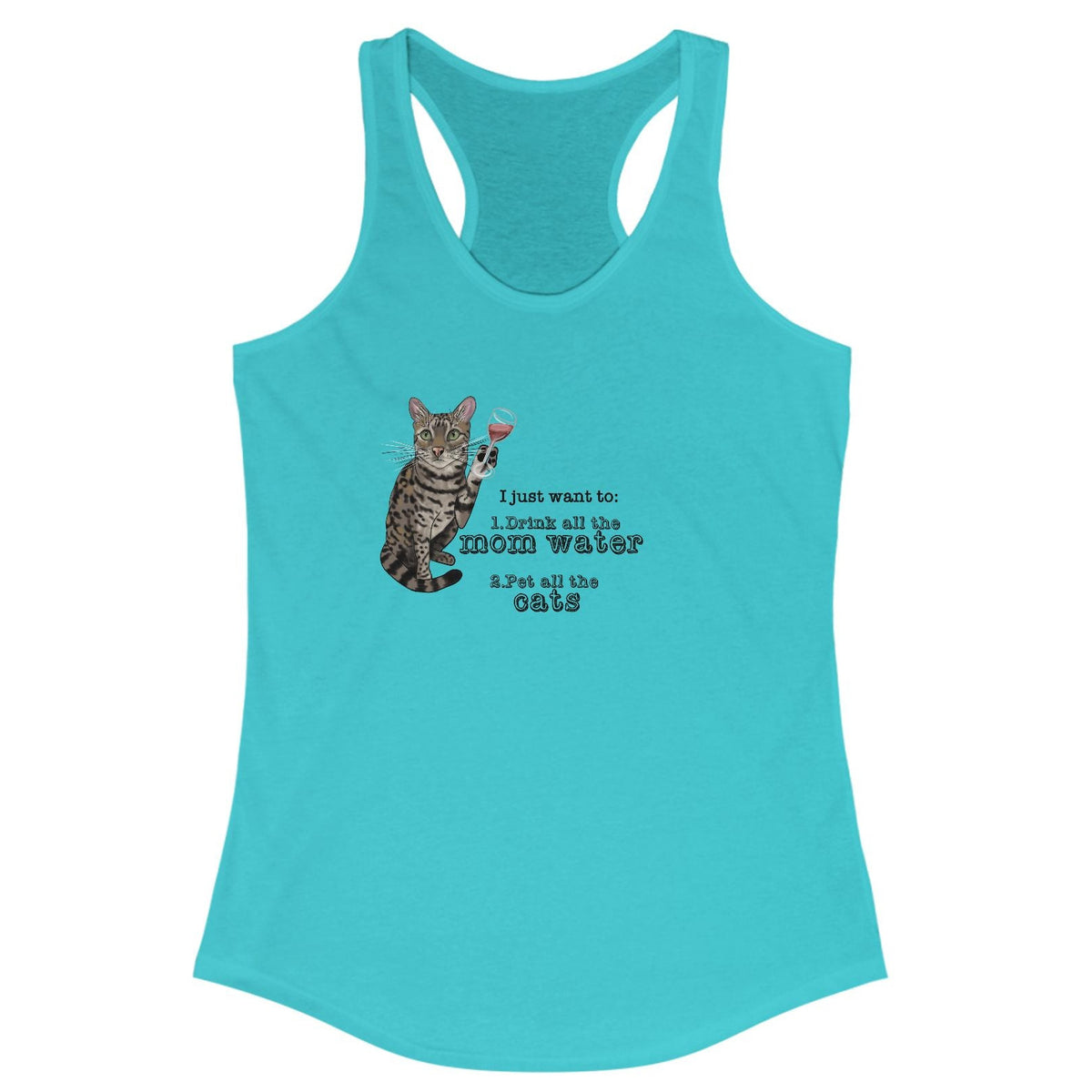 Tank Top - Flounder Cat Holding Wine Glass 'I Just want to Drink all the Mom Water', shown in Solid Tahiti Blue