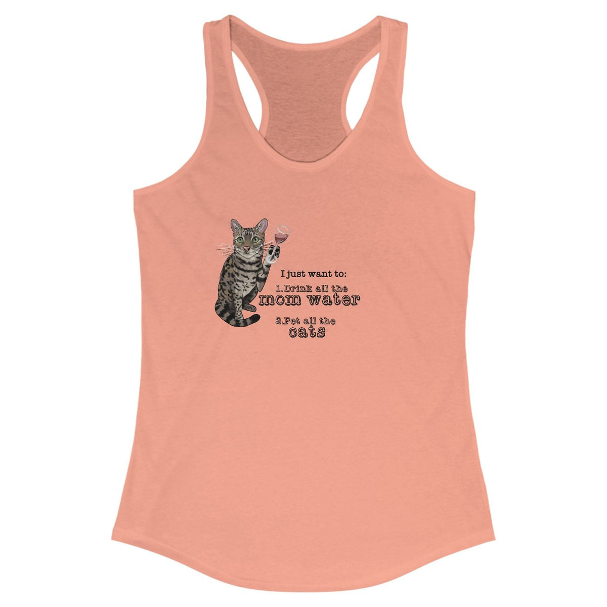 Tank Top - Flounder Cat Holding Wine Glass 'I Just want to Drink all the Mom Water', shown in Solid Light Orange