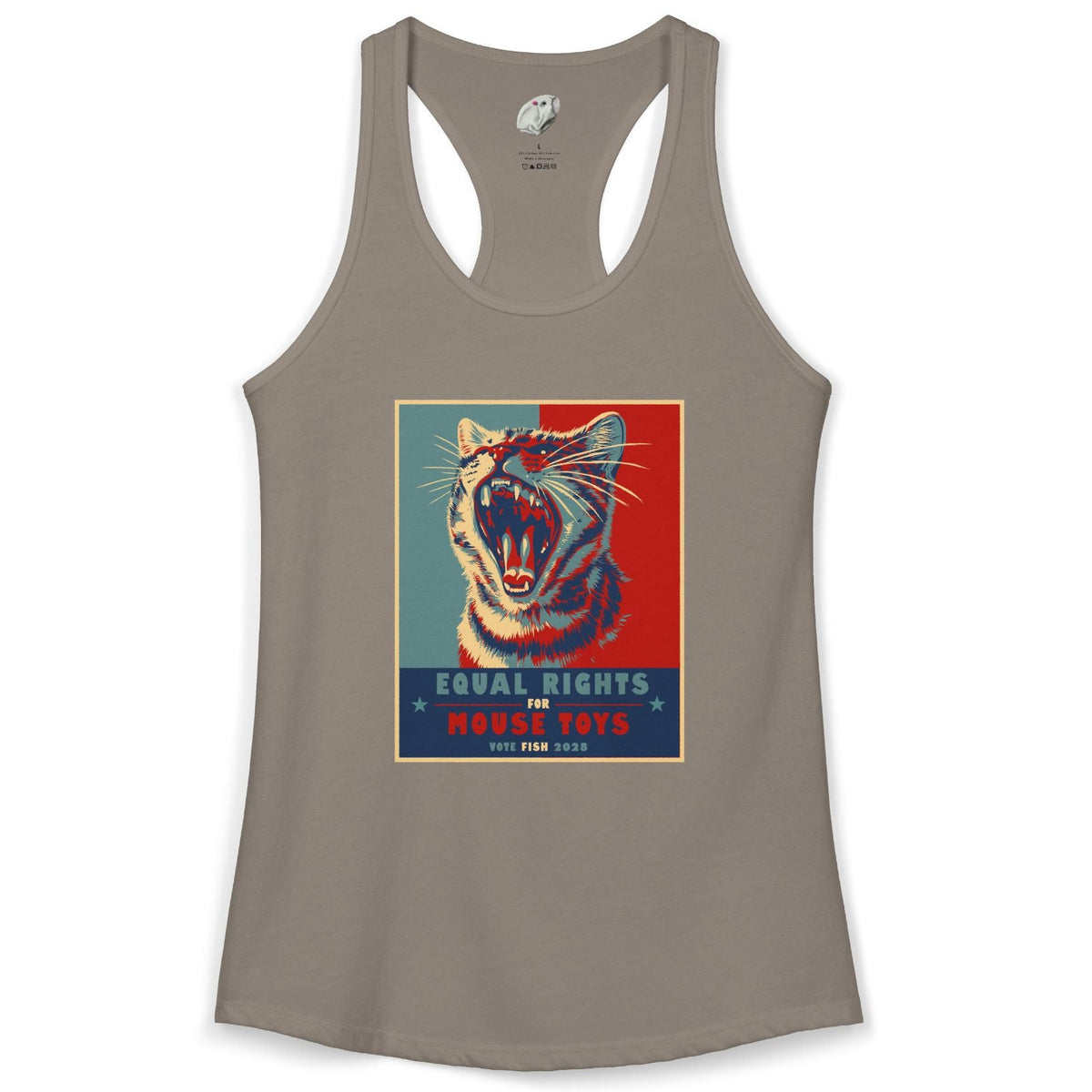 Vote Fish 2028 Racerback Tank - "Equal Rights for Mouse Toys" Purrmaid Funny Campaign, shown in Solid Warm Gray
