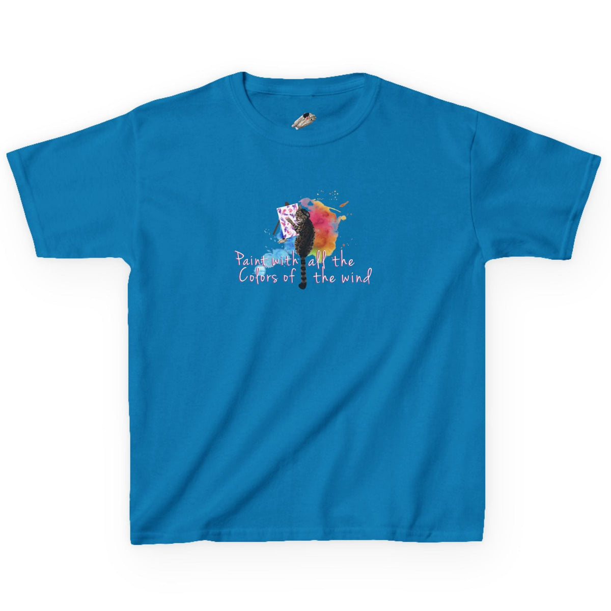 Kids Tee - “Paint With All The Colors Of The Wind” Flounder the Purrcasso Kids T-Shirt, shown in Sapphire