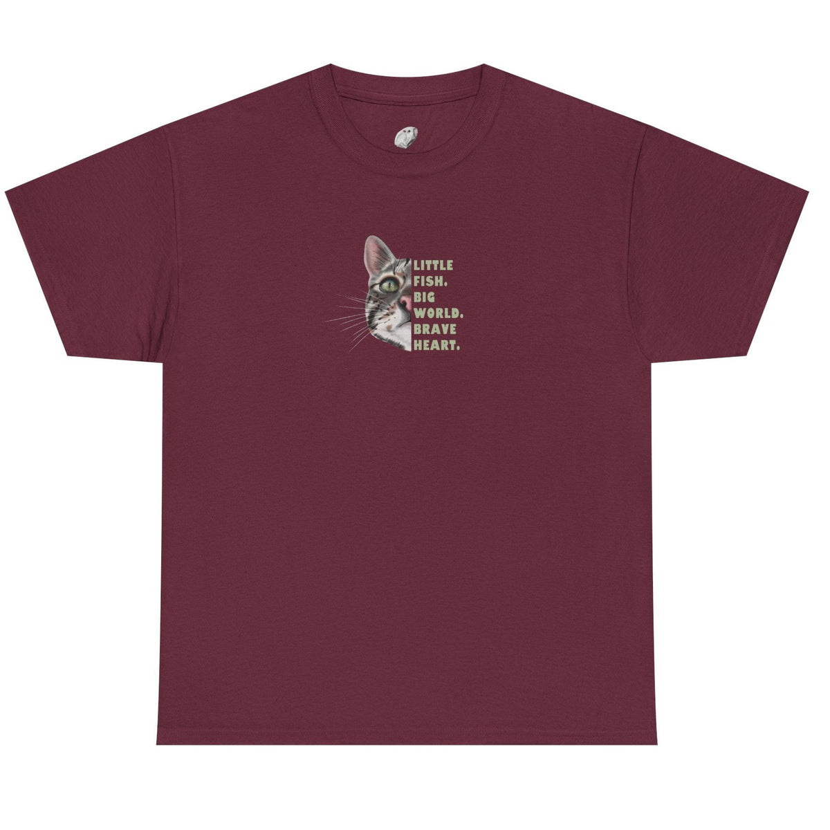 Maroon t-shirt with a cat graphic and text on a white background