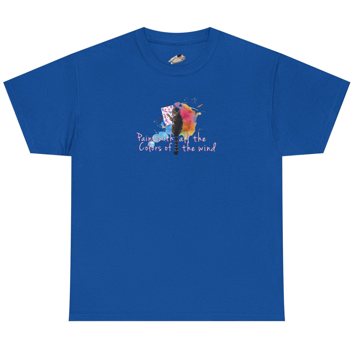 Flounder the Purrcasso T-Shirt - "Paint With All the Colors of the Wind" Cat Art Tee, shown in Royal