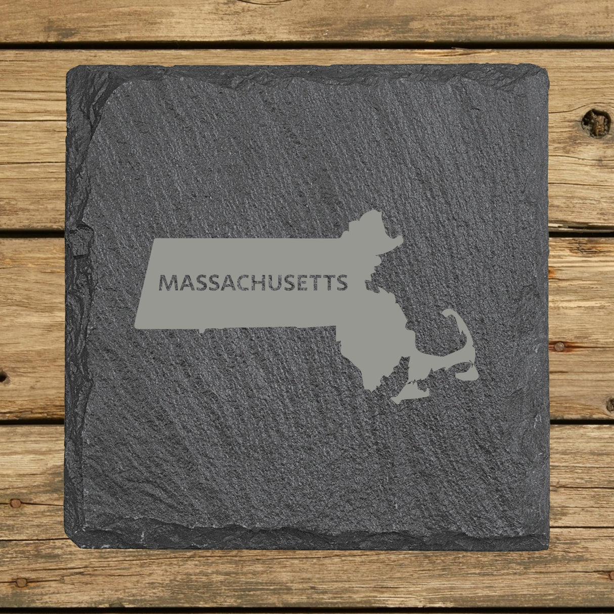 Massachusetts Slate Coaster Set – Engraved Natural Stone (Set of 4)