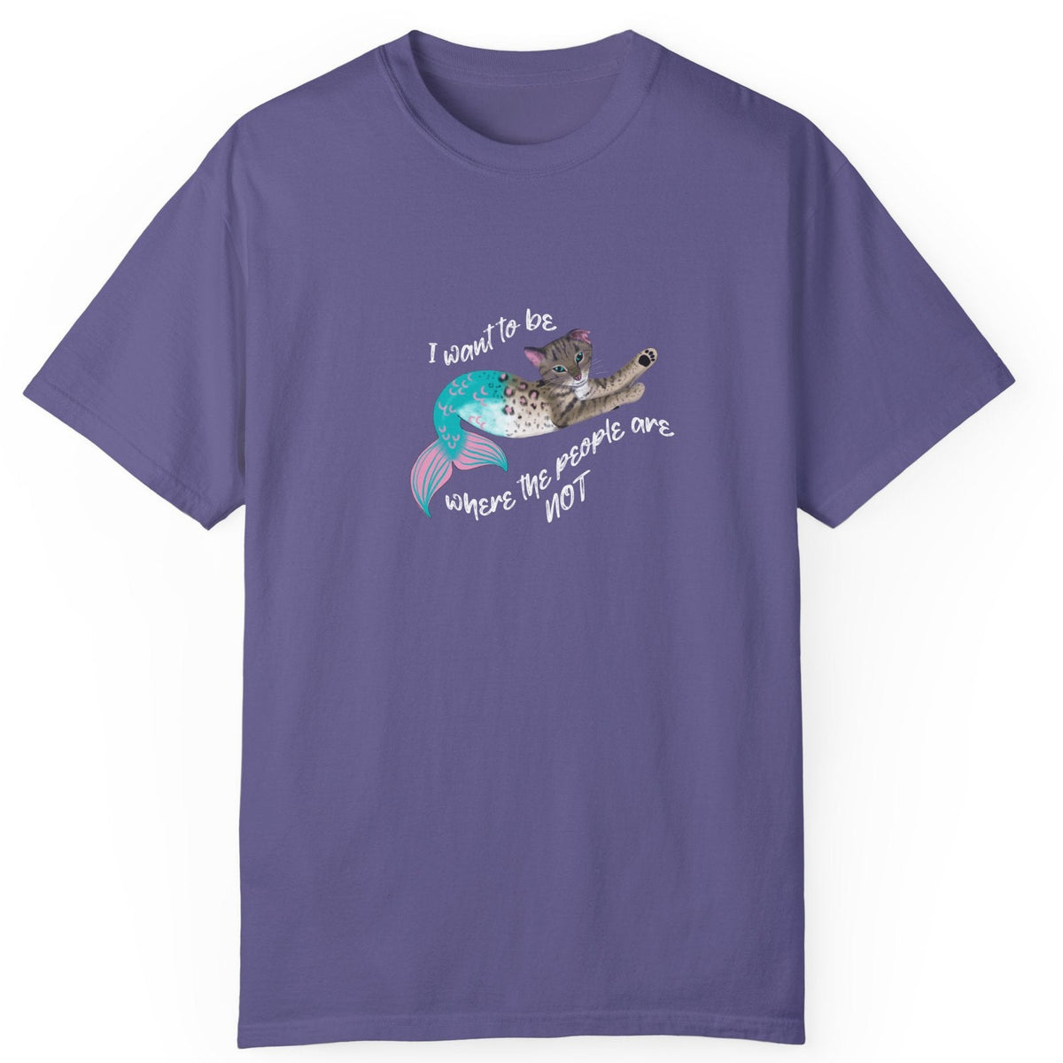 Mermaid Cat Purrmaid 'I Want to Be Where the People Are Not' Comfort Colors T-Shirt, shown in Grape