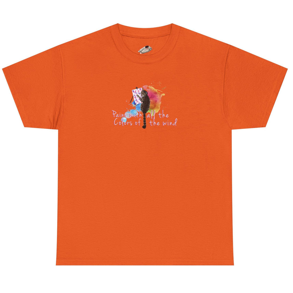 Flounder the Purrcasso T-Shirt - "Paint With All the Colors of the Wind" Cat Art Tee, shown in Orange