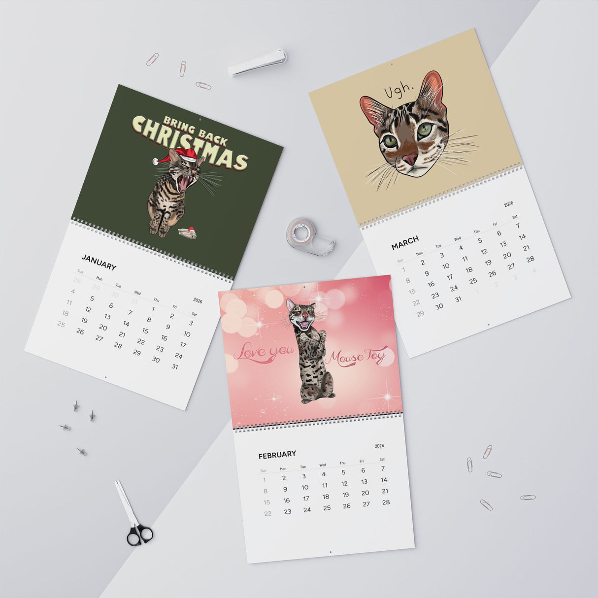 Wall Calendar 2026 FlounderLand Featuring Flounder and Mouse Toy Art Hand Drawn by Nina