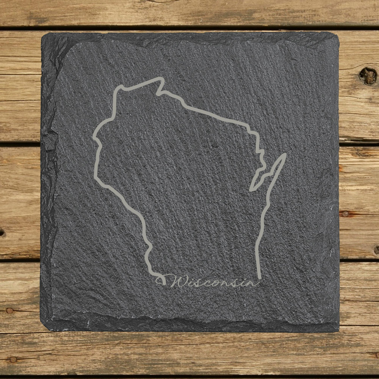 Wisconsin Slate Coaster Set – Engraved Natural Stone (Set of 4)