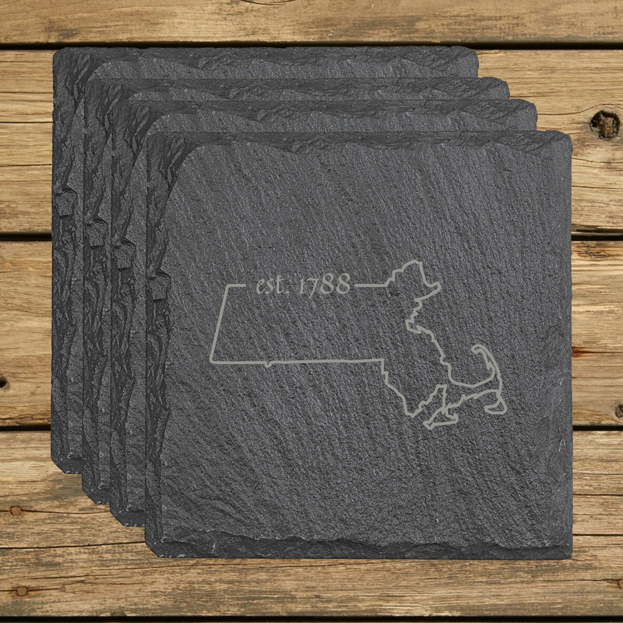 Massachusetts Slate Coaster Set – Engraved Natural Stone (Set of 4)
