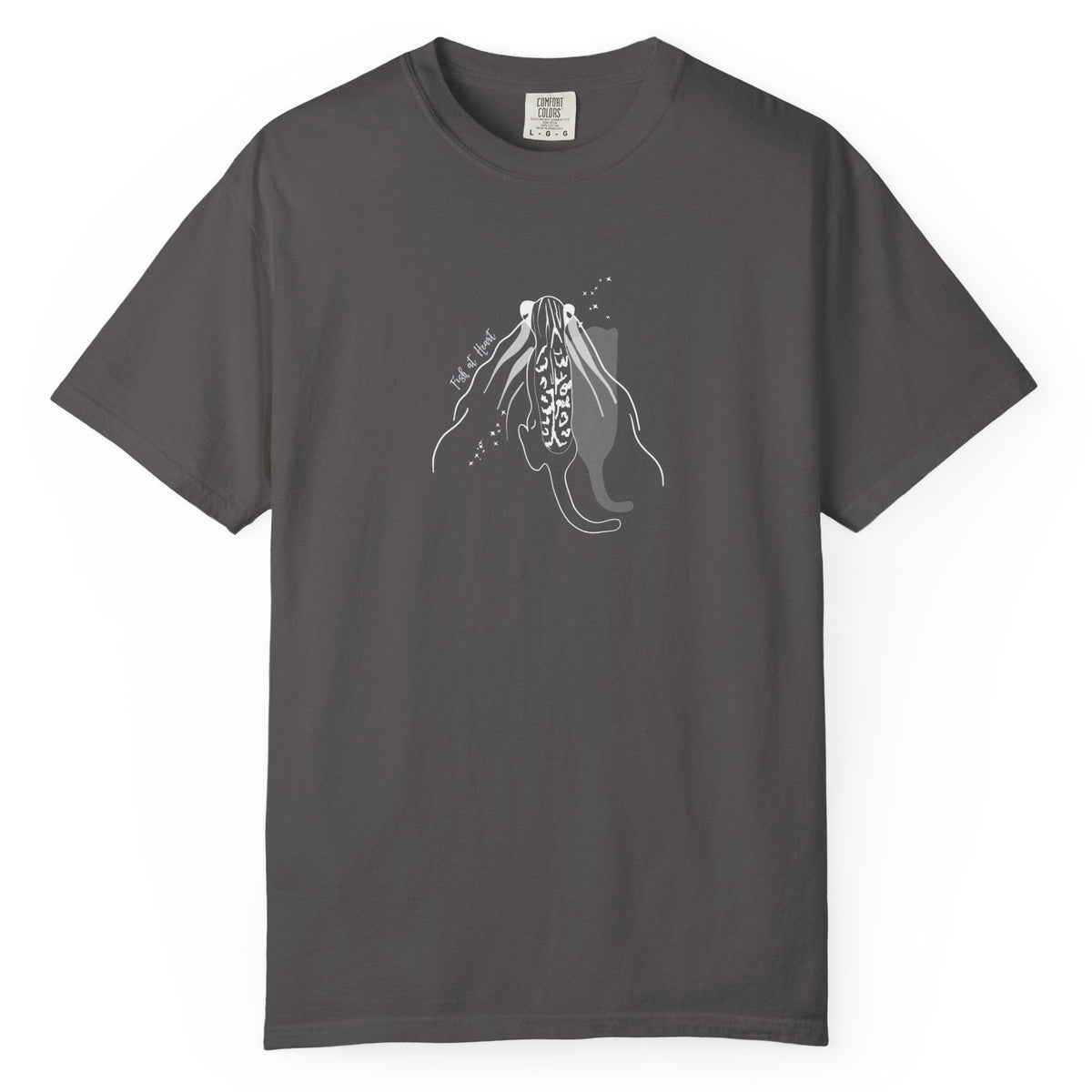 T-Shirt - Fish at Heart with Flounder the Purrmaid Design, shown in Graphite