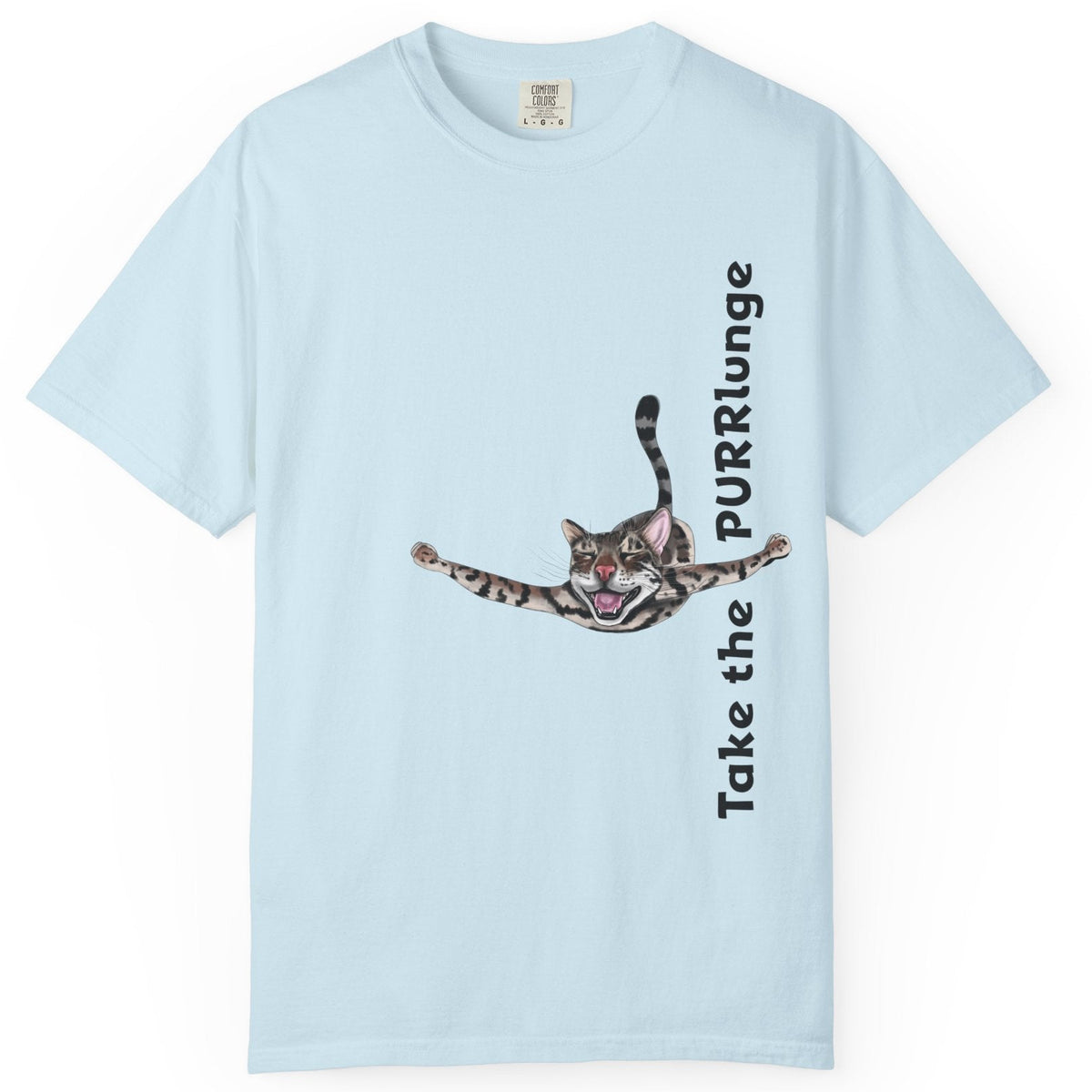 Purr-lunge Unisex T-shirt with Flounder the Purrmaid Design, shown in Chambray