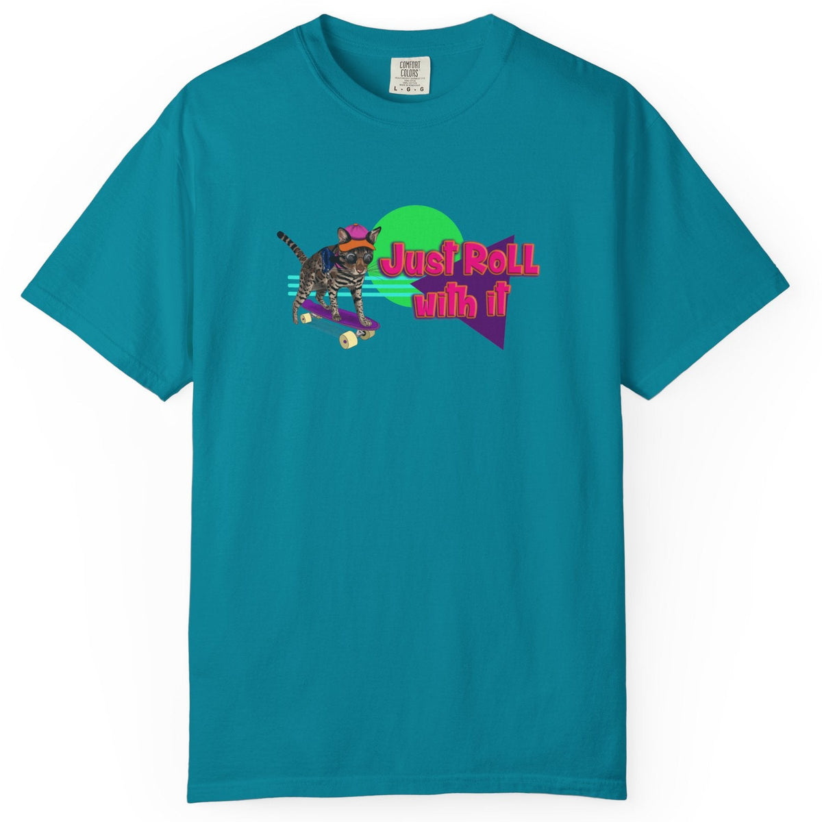 Graphic Tee - Just Roll with it featuring Flounder the Purrmaid, shown in Topaz Blue