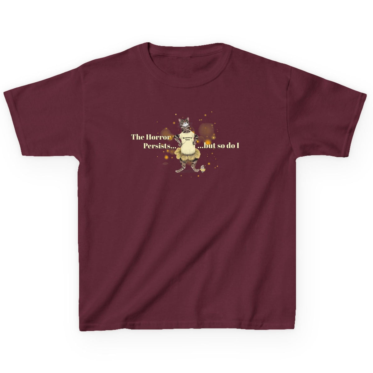 Kids Heavy Cotton™ Tee - Bravery Tutu design featuring Flounder with Mouse Toy by her side, shown in Maroon