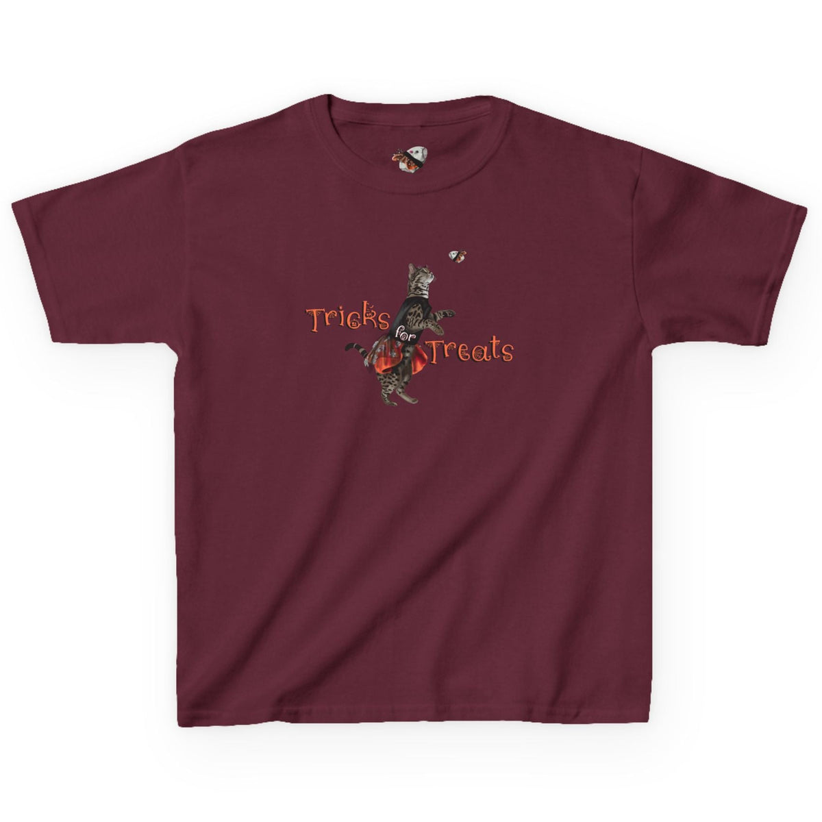 Kids Tee - "Tricks for Treats" Flounder Halloween Ballet Tee, shown in Maroon