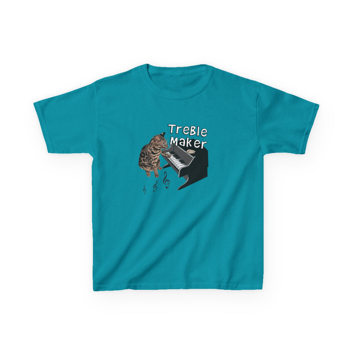 Kids Tee - Treble Maker Design Hand Drawn by Flounder's Mom, Nina Featuring Flounder the Purrmaid Playing Piano for Mouse Toy