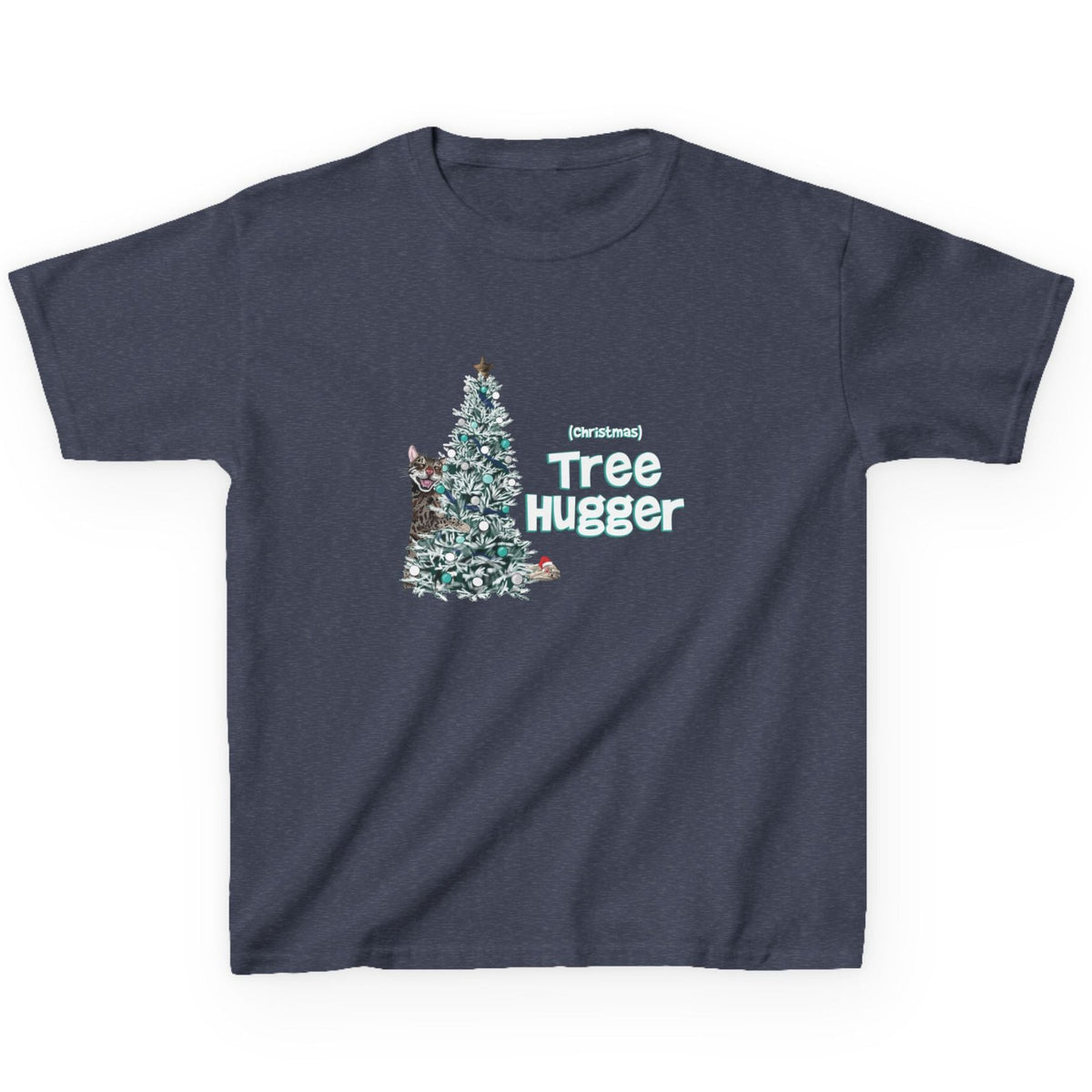 Kids Tee Christmas Tree Hugger Flounder the Purrmaid Design, shown in Heather Navy