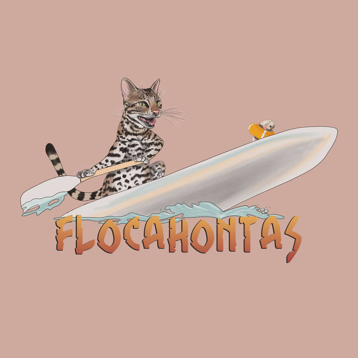 A stylized illustration of a spotted cat sitting on a surfboard with a paddle, above the word 'FLOCAHONTAS' in orange letters, on a solid dusty pink background.