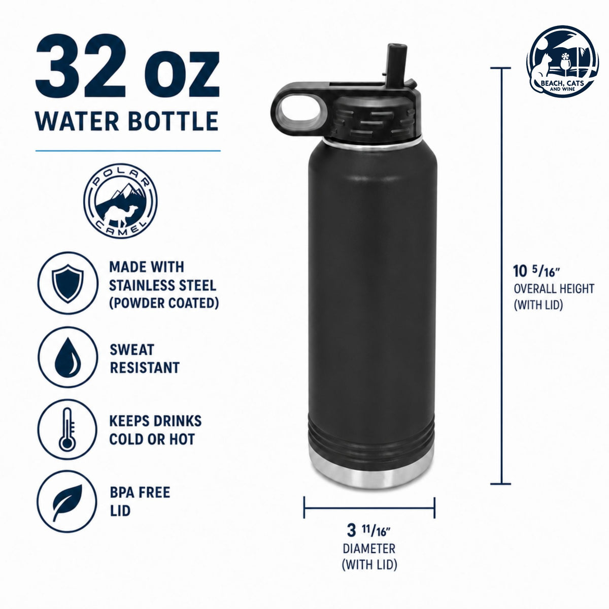 Size chart for the 32 oz Polar Camel water bottle: 10 5/16 inches tall, 3 11/16 inches across, stainless steel