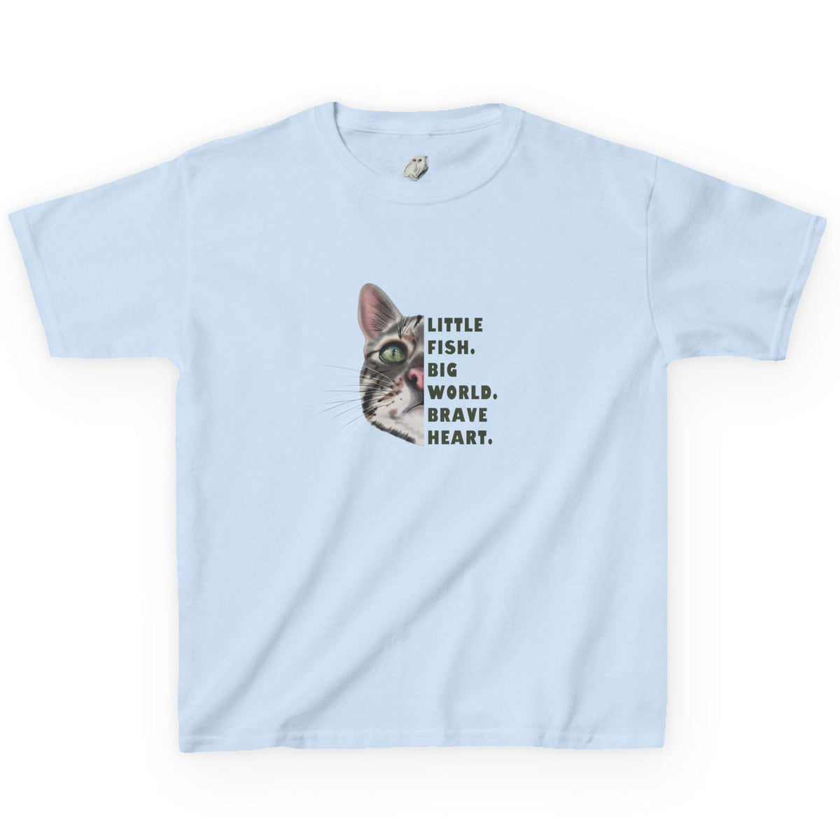 Kids Tee - "Little Fish. Big World. Brave Heart." Flounder Graphic, shown in Light Blue
