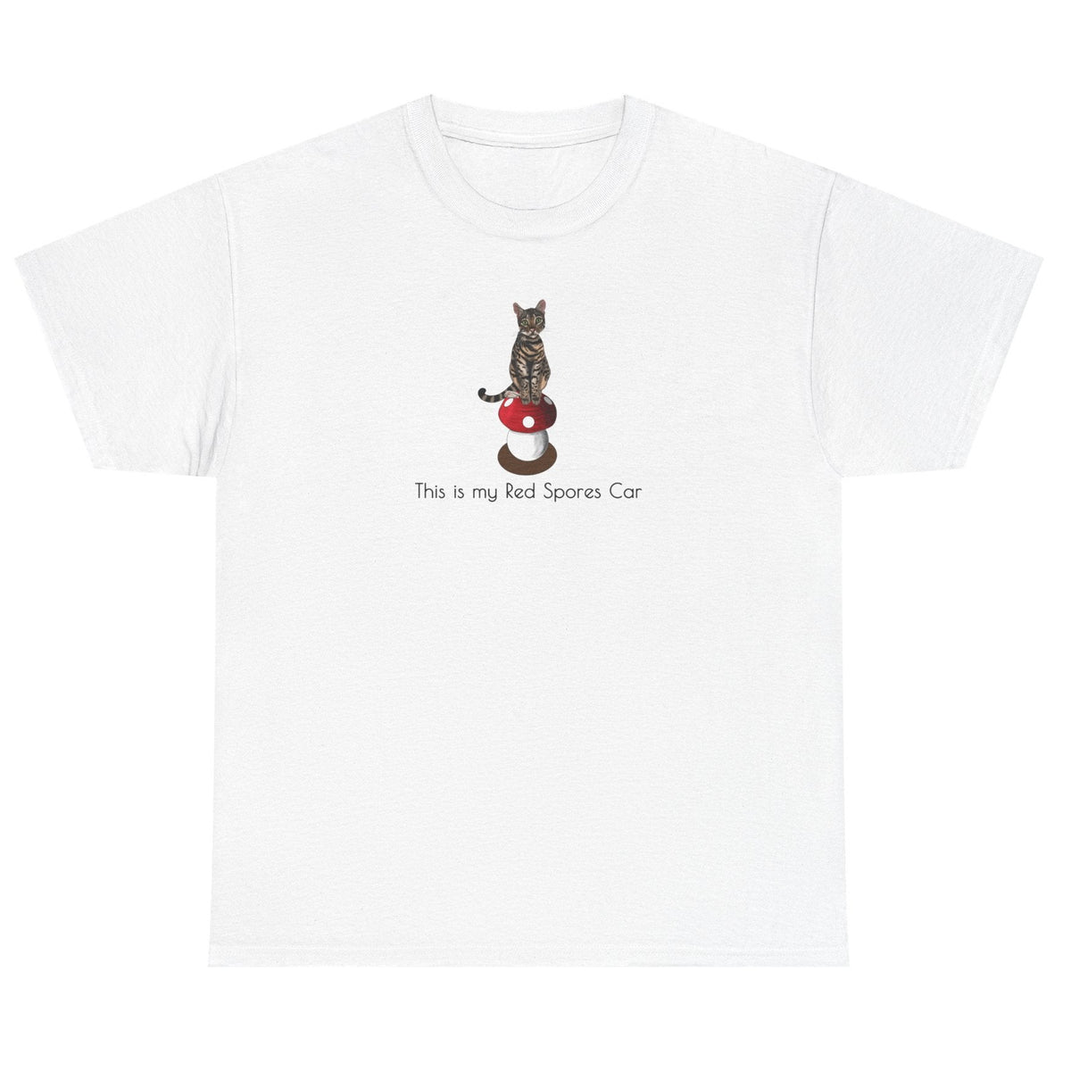 Red Spores Car Unisex Heavy Cotton Tee featuring Flounder and Mouse Toy on the Magical Mushroom, shown in White