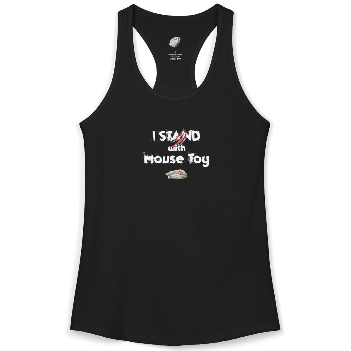 "I Stand with Mouse Toy" Women's Racerback Tank, shown in Solid Black