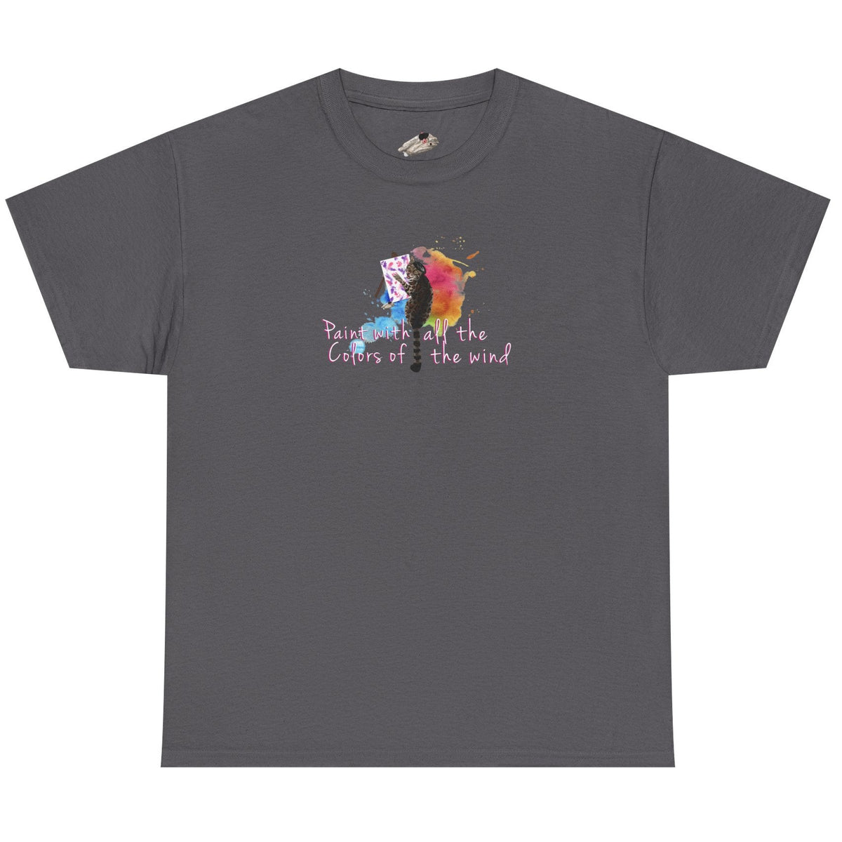 Flounder the Purrcasso T-Shirt - "Paint With All the Colors of the Wind" Cat Art Tee, shown in Charcoal
