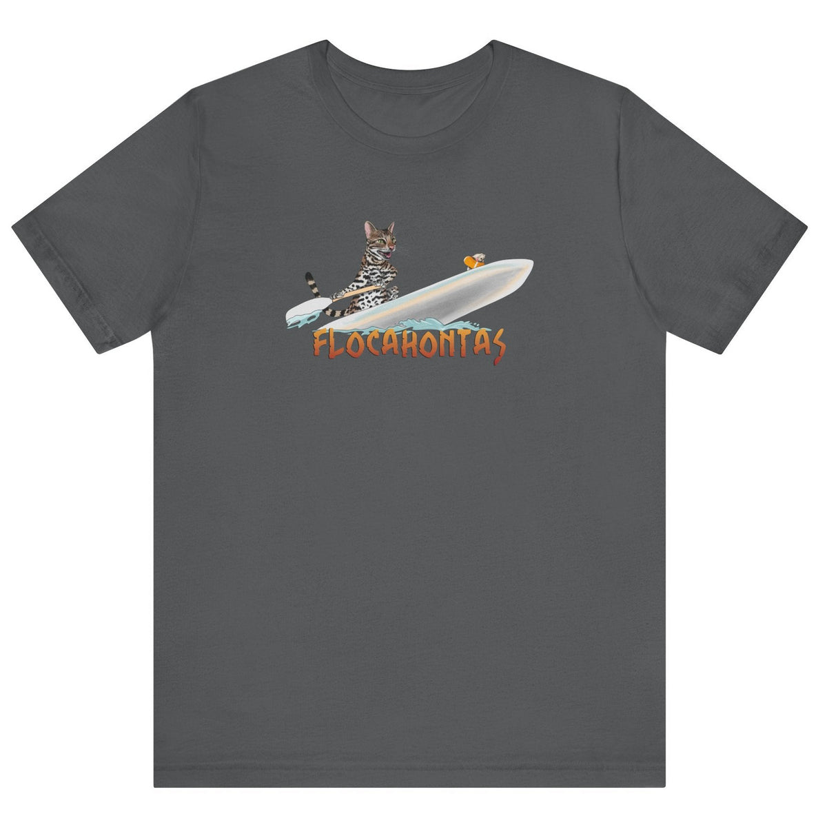 Flocahontas Unisex Tee - Flounder the Purrmaid with Mouse Toy Design, shown in Asphalt