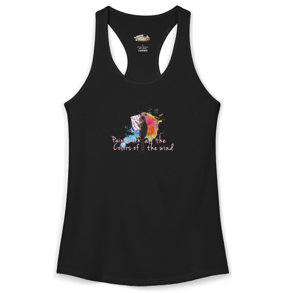 Women's Racerback Tank - "Paint With All the Colors of the Wind" Flounder the Purrcasso Art, shown in Solid Black