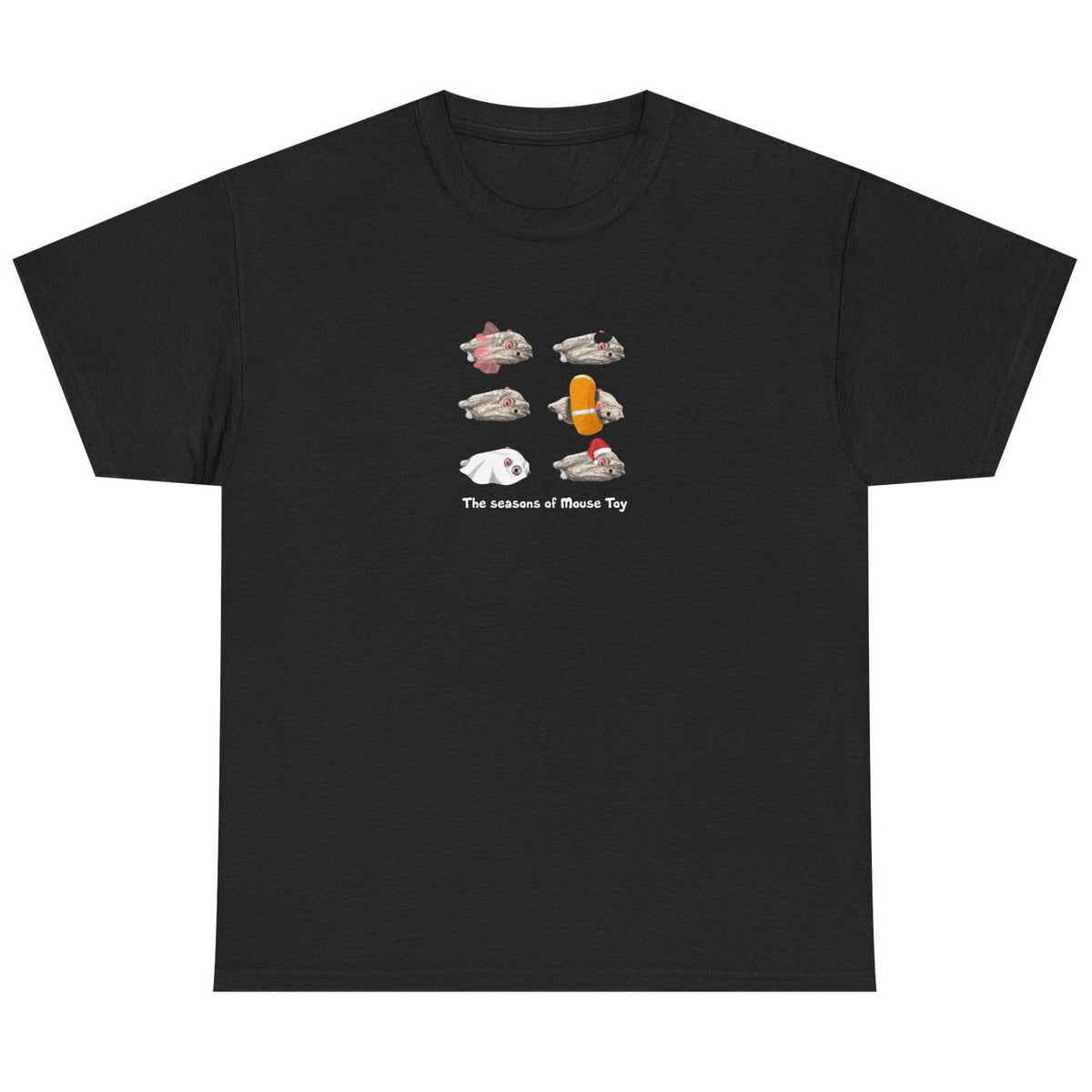 Seasons of Mouse Toy Unisex Tee - Santa Hat, Yamaka, Halloween Ghost, Ballet Tutu, Life Vest, shown in Black